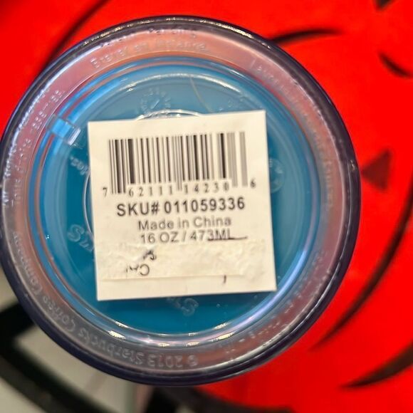 NWT Starbucks 2013 16oz turquoise w/orange pumpkins travel mug w/black slide top - Picture 4 of 9